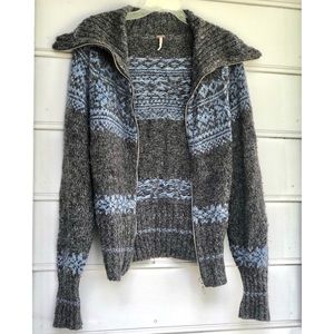 Free People Gray & Blue Fair Isle Zip Up Sweater